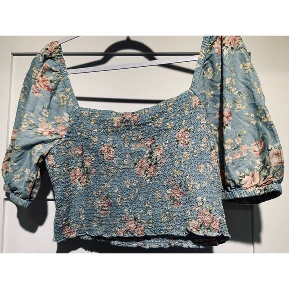American Eagle Floral Pattern Shirred Crop Top Cotton/Linen Blend Size XL - Picture 9 of 10